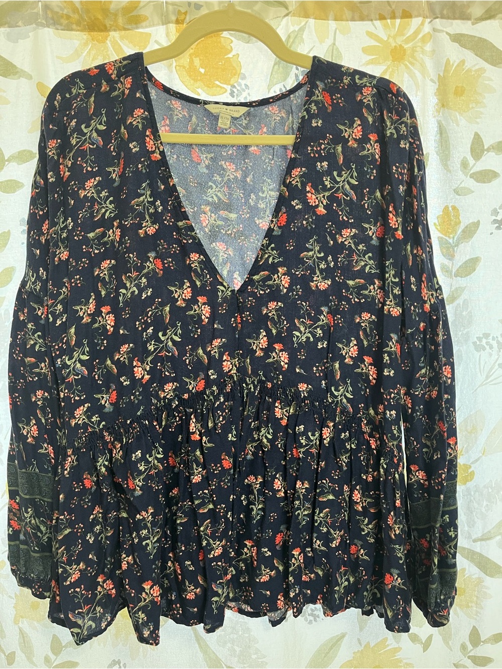 Women's Navy Floral V-Neck Peasant Blouse